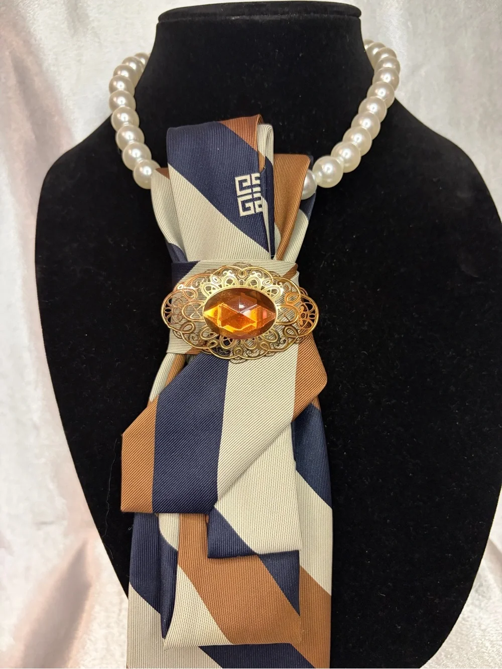 Givenchy Navy Blue Brown Cream Striped Silk necklace tie